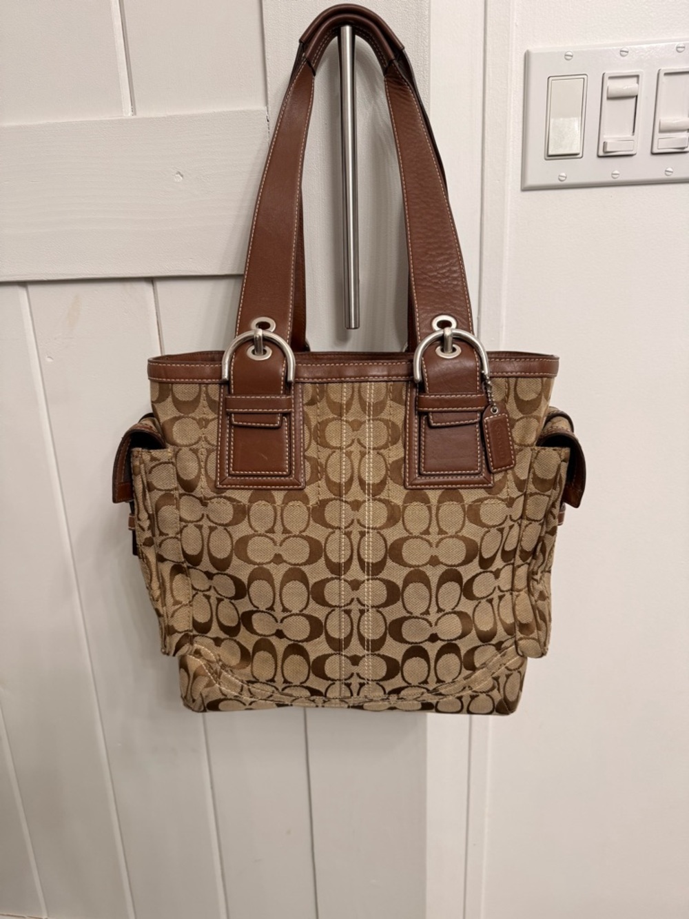 SOLD Coach Tan/Brown Signature Canvas Tote with Leather Trim